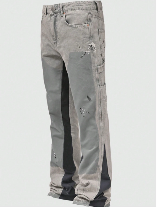 Grey Cargo Paint Splatter Flared Jeans