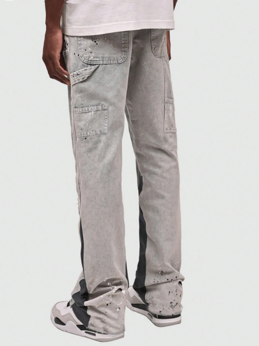 Grey Cargo Paint Splatter Flared Jeans