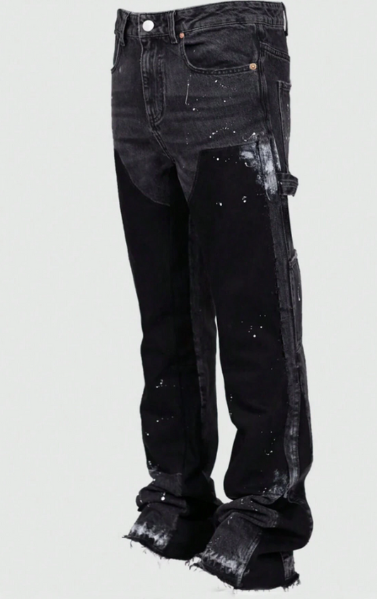 Black Cargo Paint Splatter Flared Jeans