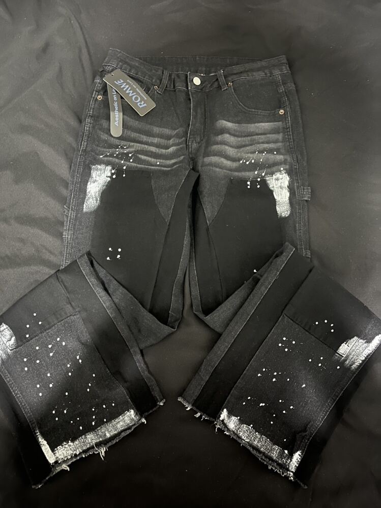Black Cargo Paint Splatter Flared Jeans