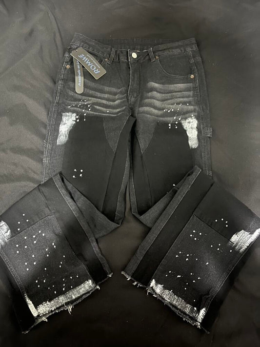 Black Cargo Paint Splatter Flared Jeans